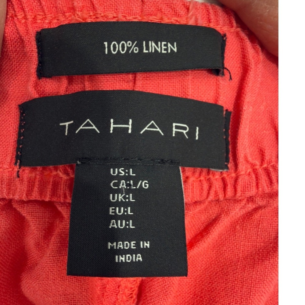 Tahari Women Coral Pink 100% Linen Wide Leg Elastic Waist Pants Size L - Picture 2 of 7